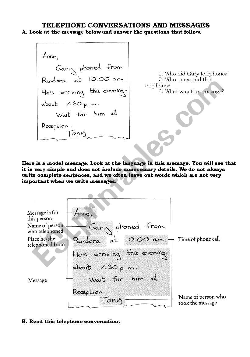 Telephone Conversations and Messages - ESL worksheet by Seal