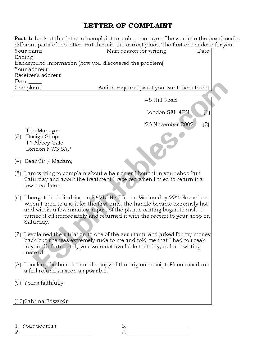 Letter of Complaint worksheet