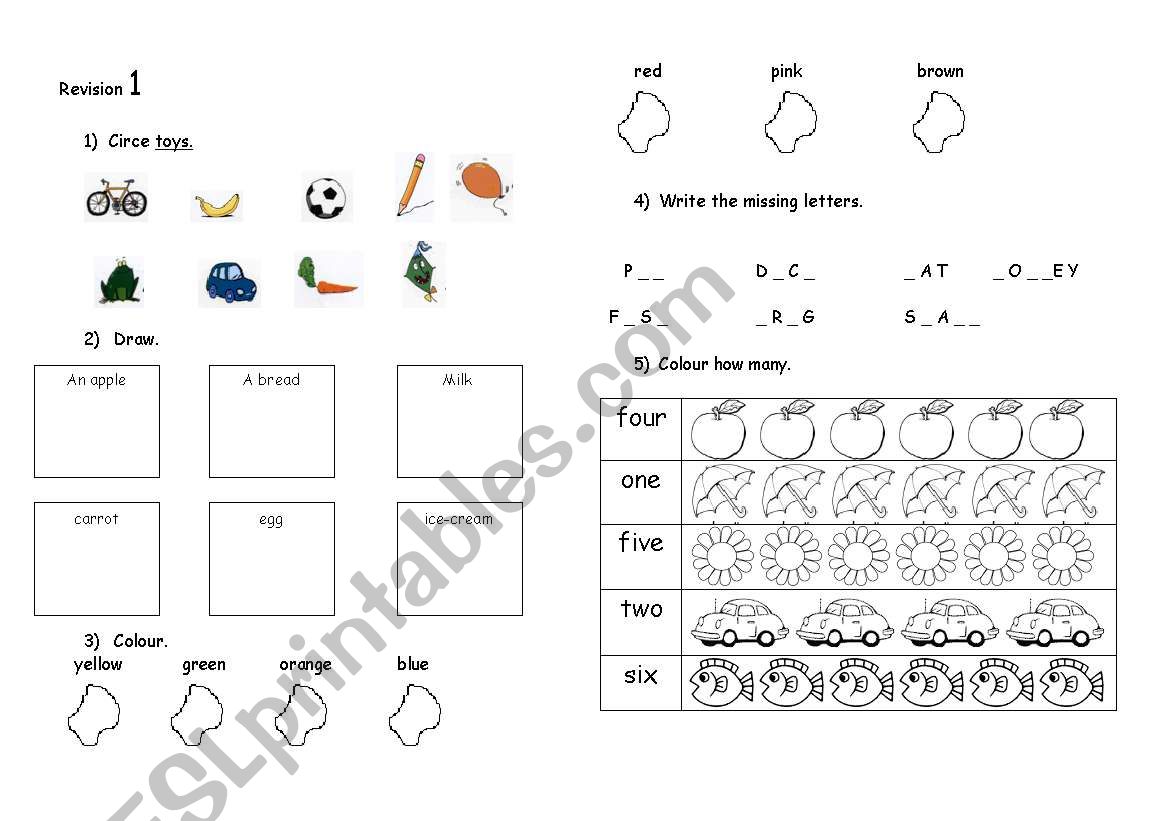 Revision toys, colours, food and numbers