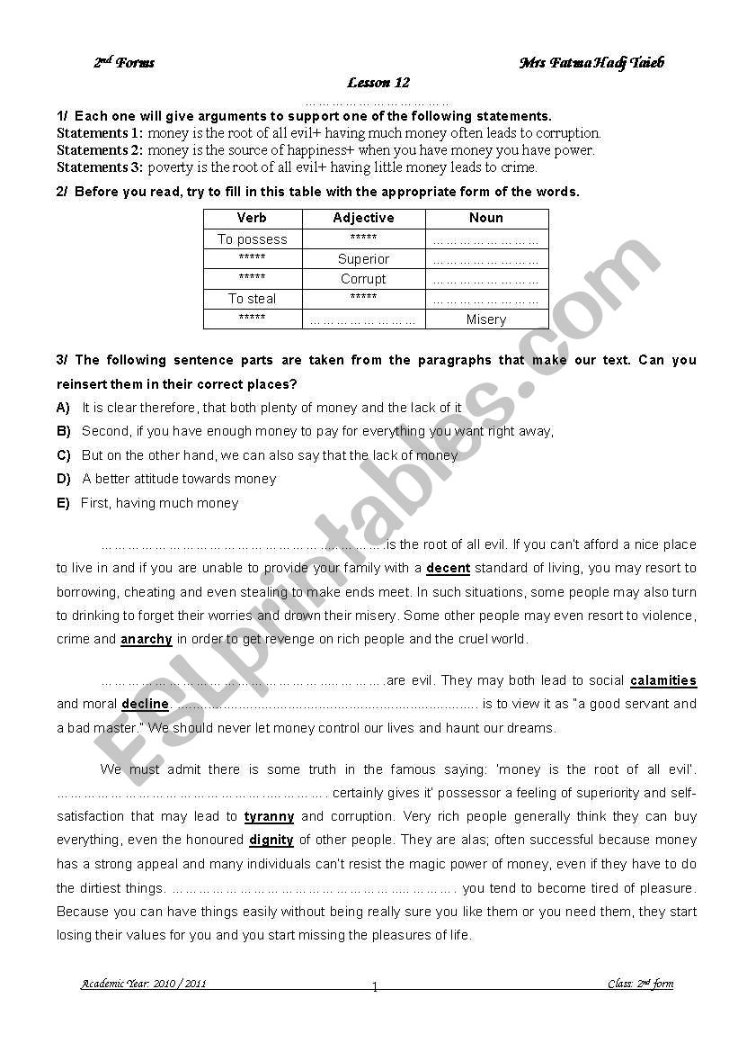 Money and Evil worksheet