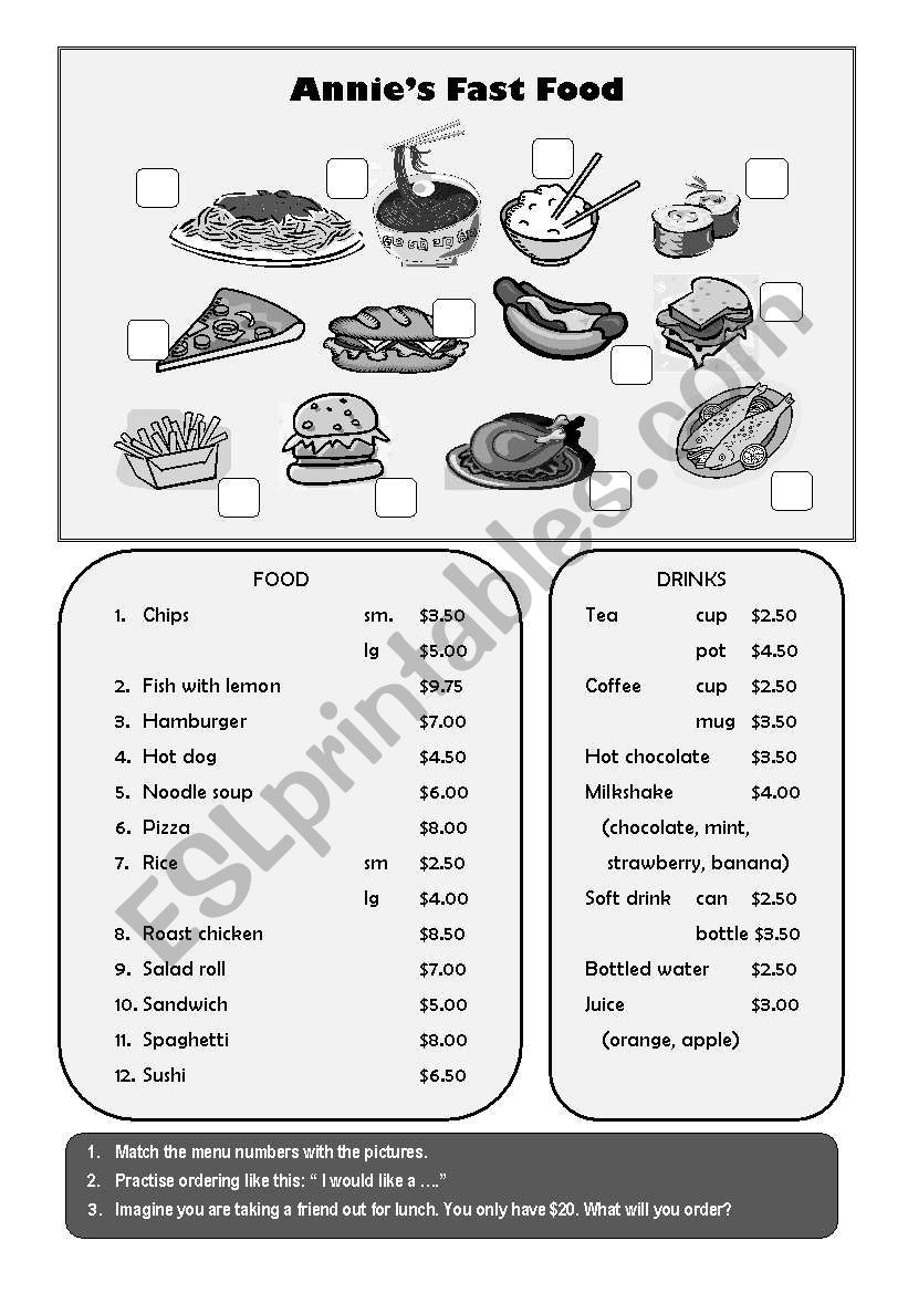 Menu ordering worksheet