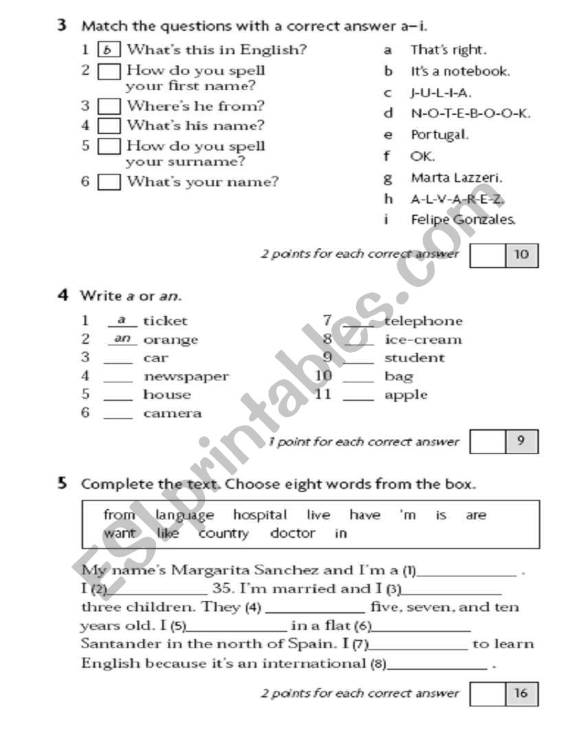 Exam - Verb to Be - Def and Undef Articles