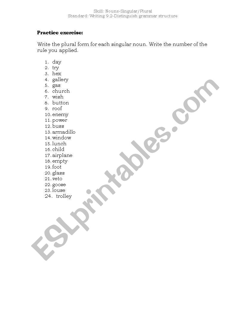Singular and Plural nouns worksheet