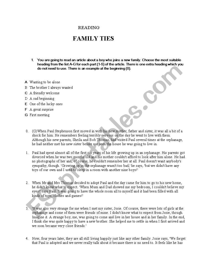 FAMILY TIES (reading task) worksheet