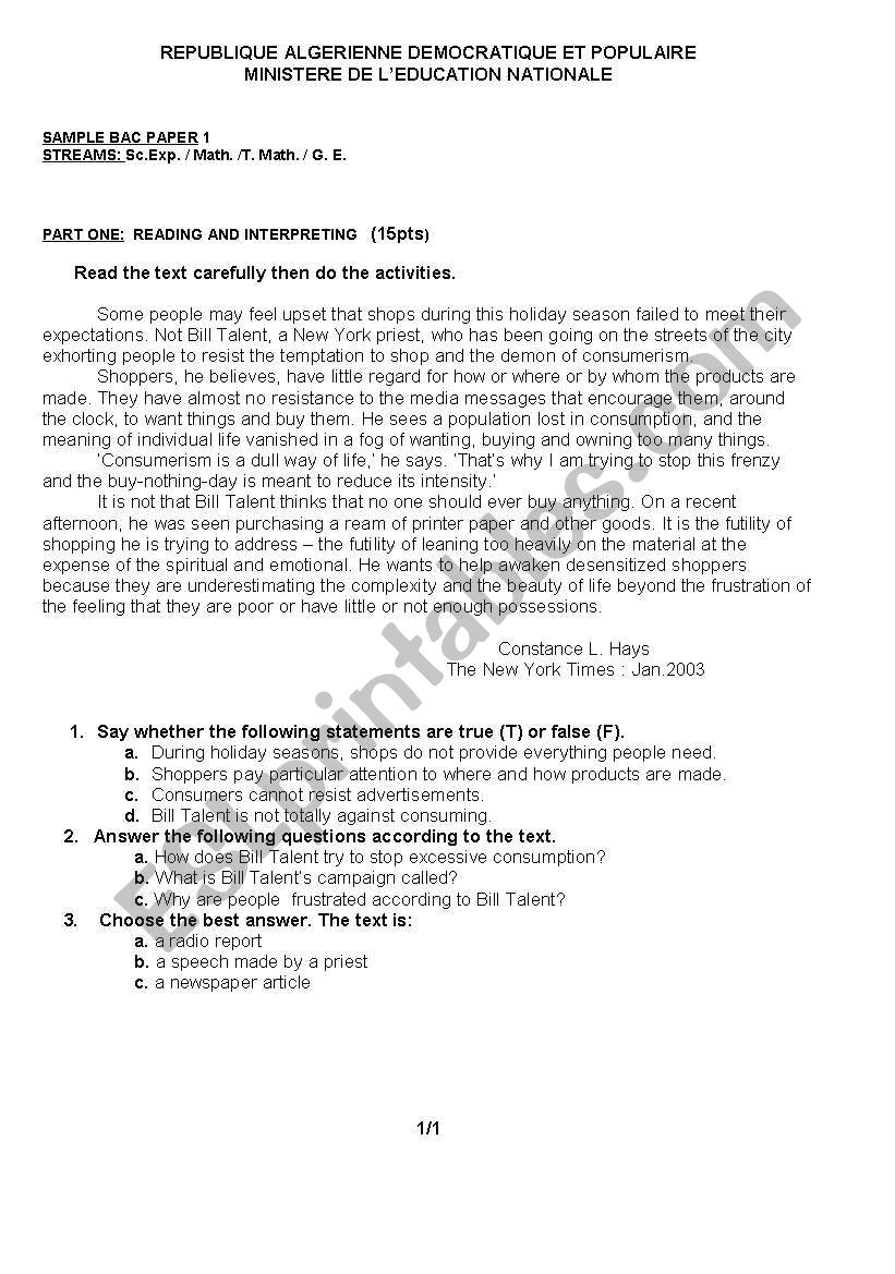 bac sample worksheet