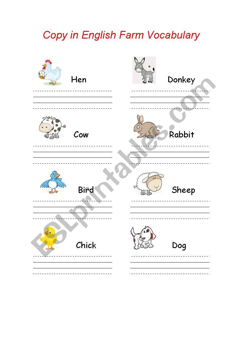 Write FARM VOCABULARY worksheet