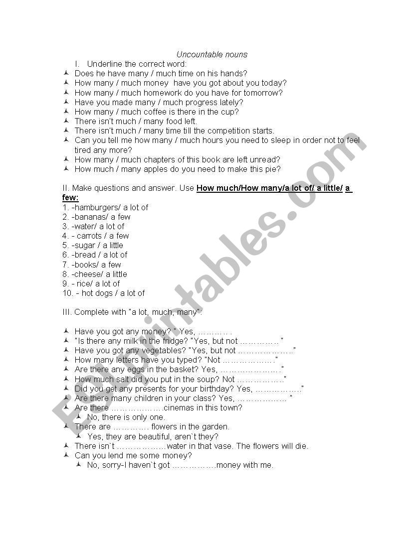 Uncountable nouns, many, much worksheet