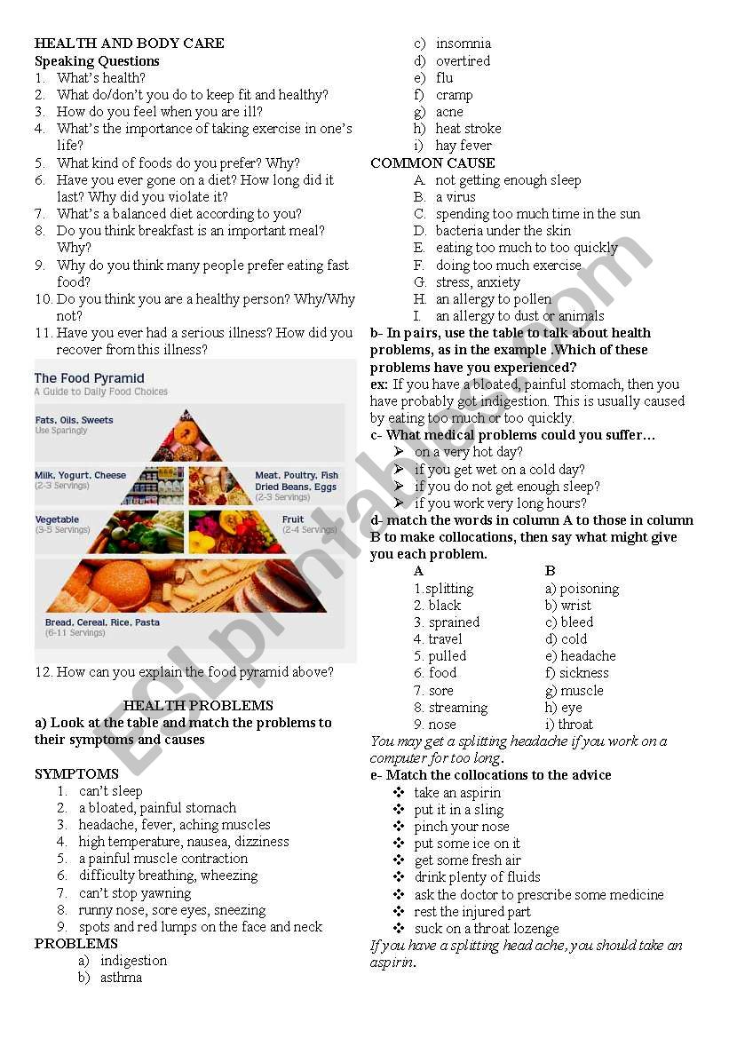 Health and Bodycare worksheet