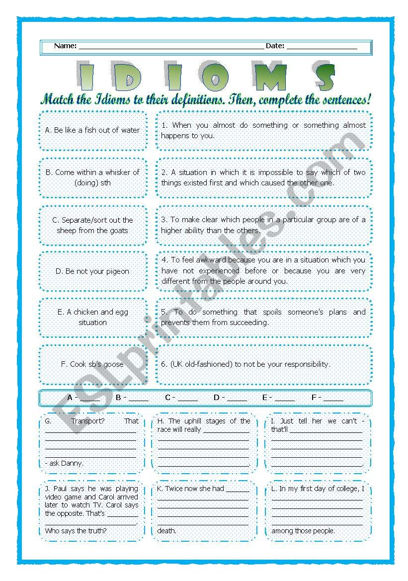 --*--*--*-- Idioms 09! --*-- Animals --*-- Definitions + Exercise --*-- BW Included --*--*--*-- FULLY EDITABLE WITH KEY!