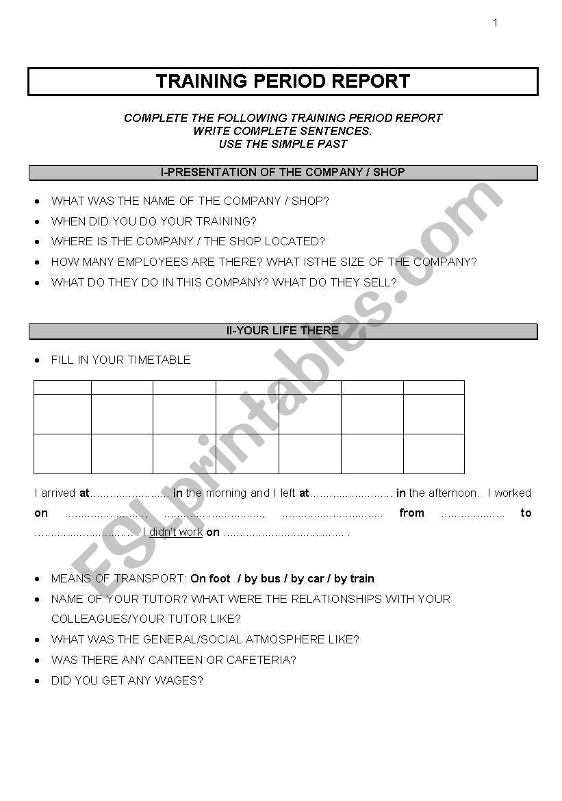 TRAINING PERIOD REPORT worksheet