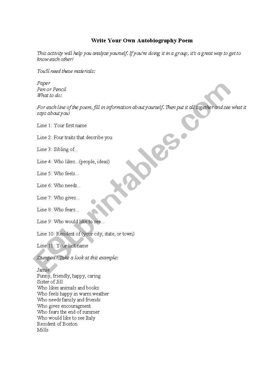 Your own Autobiography poem worksheet