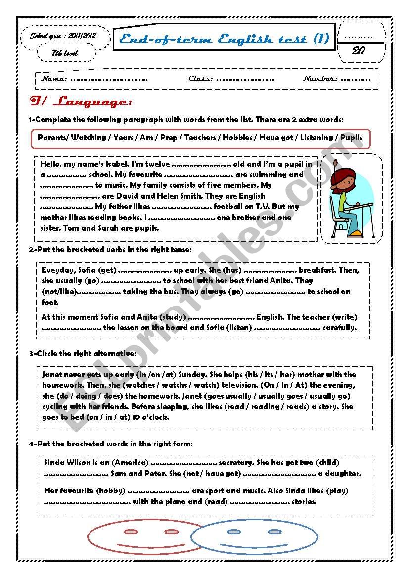 English test for 7th level. worksheet