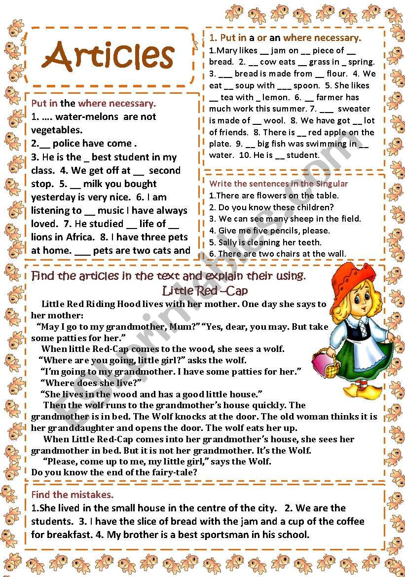 articles worksheet