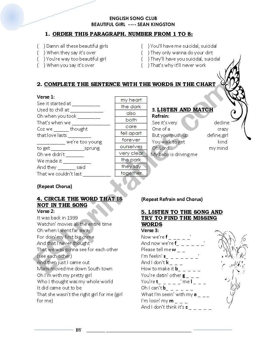 song beautiful girl worksheet