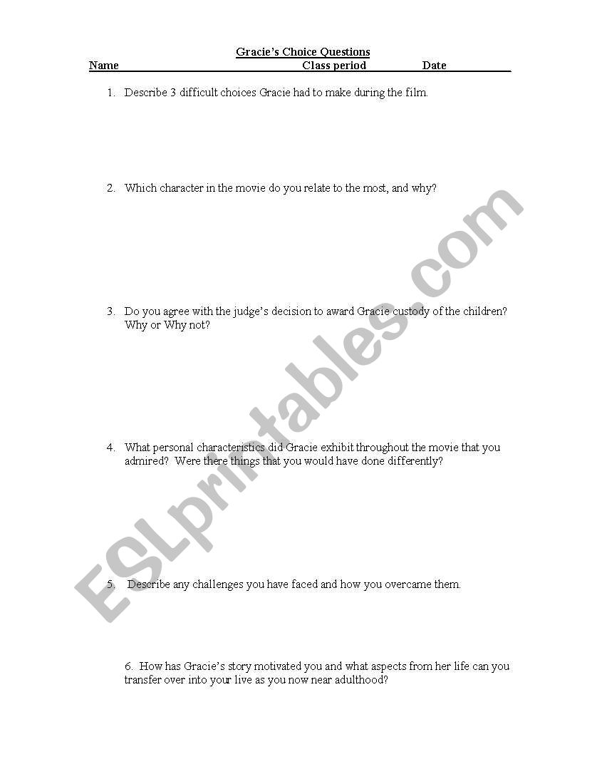 English worksheets Gracie´s Choice movie questions