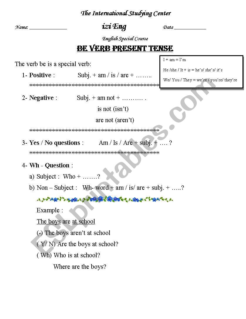 Verb be present  worksheet