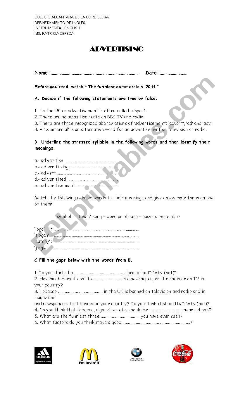 advertising worksheet