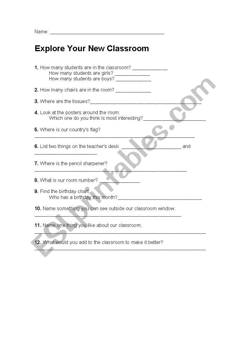 Explore your new classroom worksheet