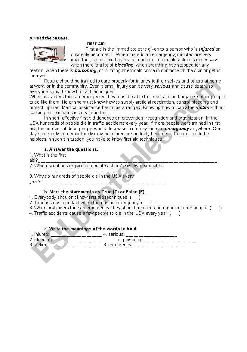 FIRST AID- READING PASSAGE worksheet