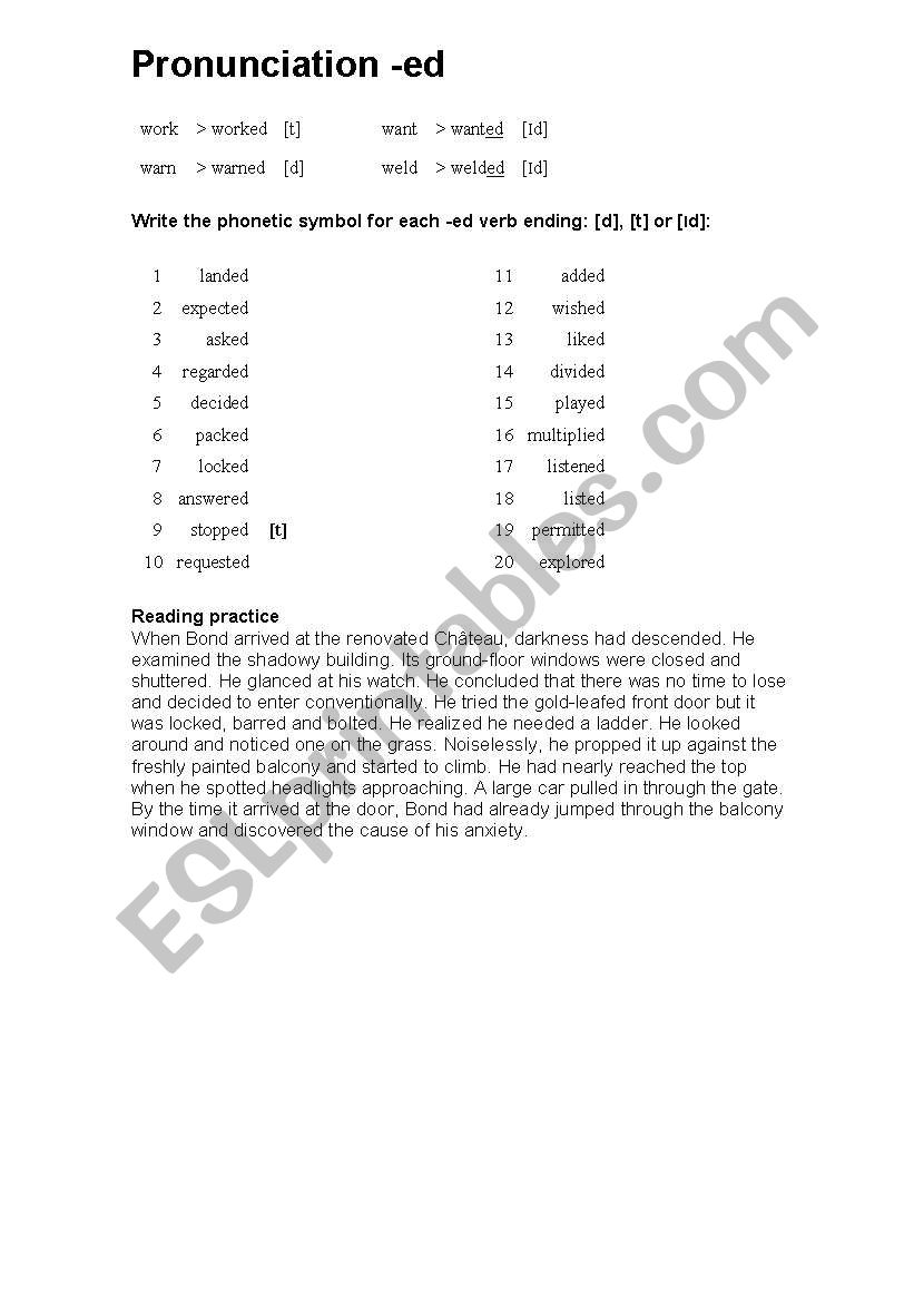 Pronunciation of -ed  worksheet
