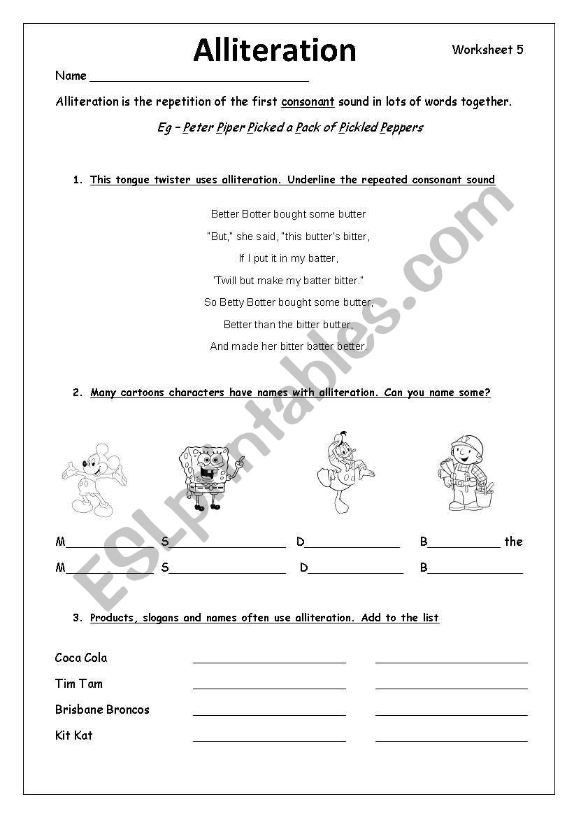 Alliteration worksheet