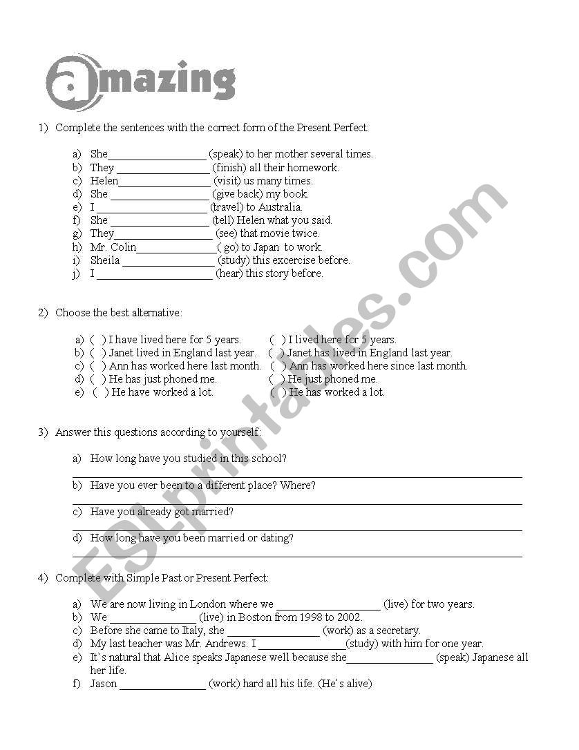 present perfect worksheet