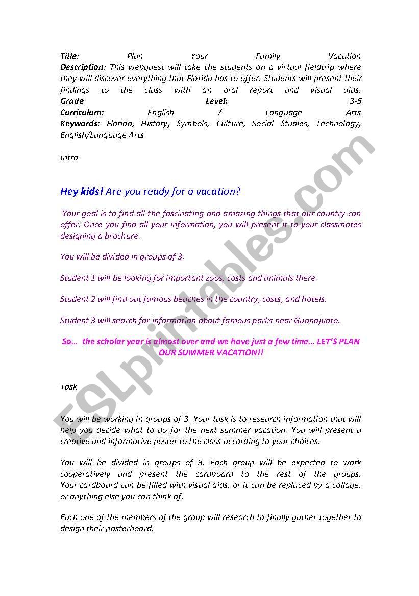 Vacation worksheet