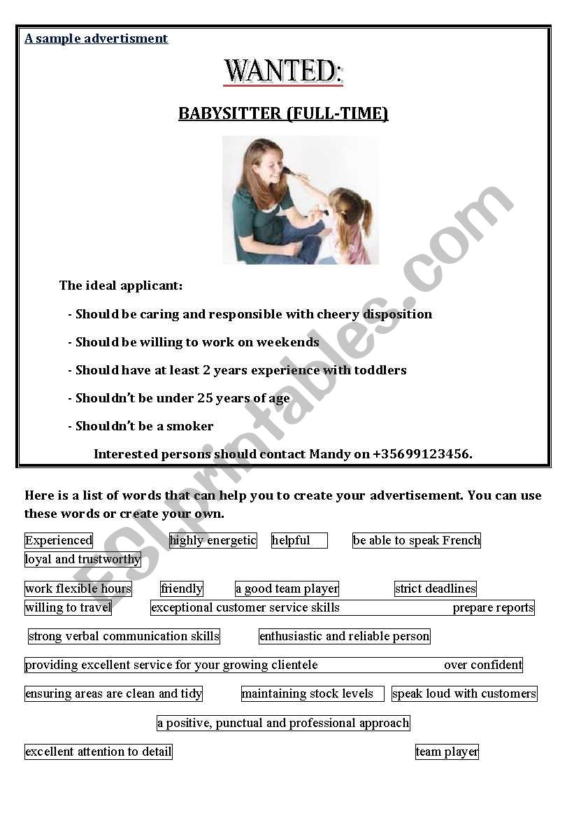 Creating Advertisement worksheet