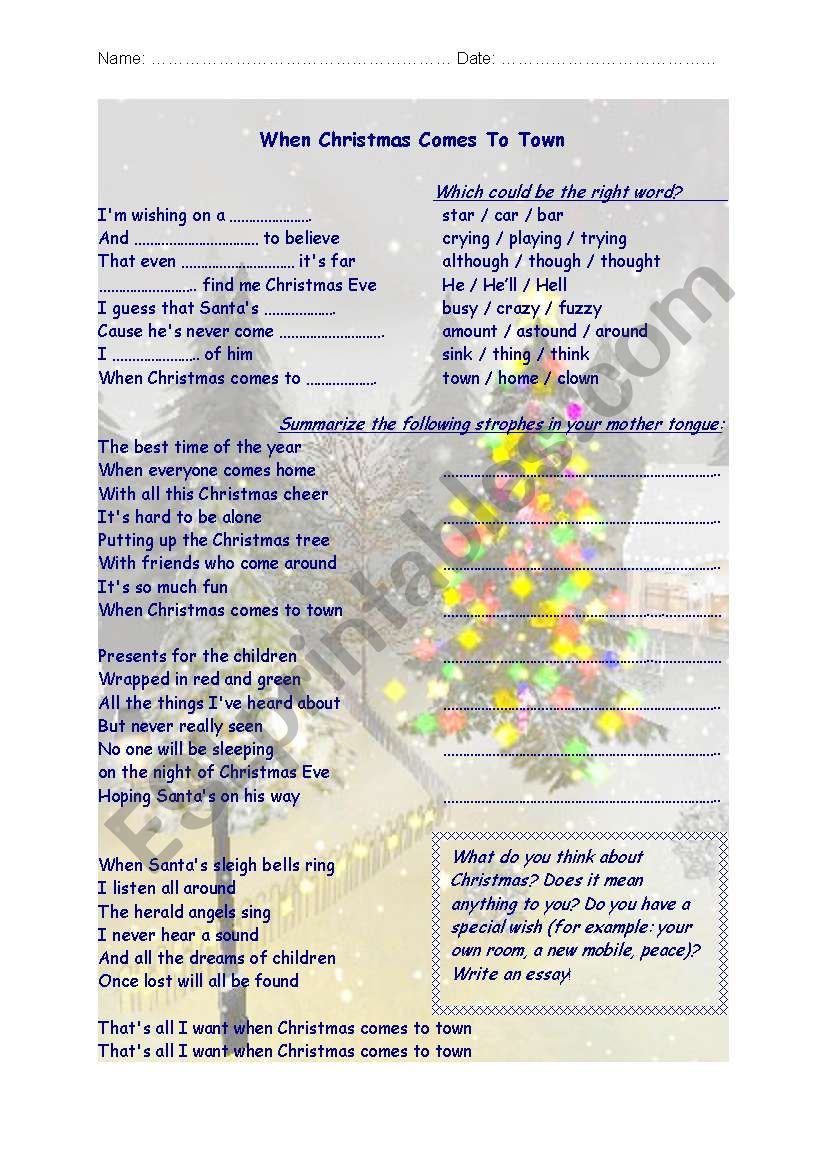 Songsheet / Worksheet: When Christmas comes to Town