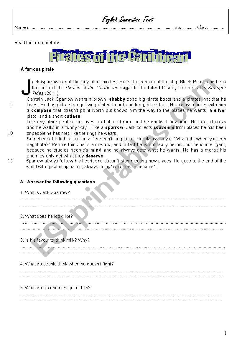 Pirates of the Caribbean worksheet