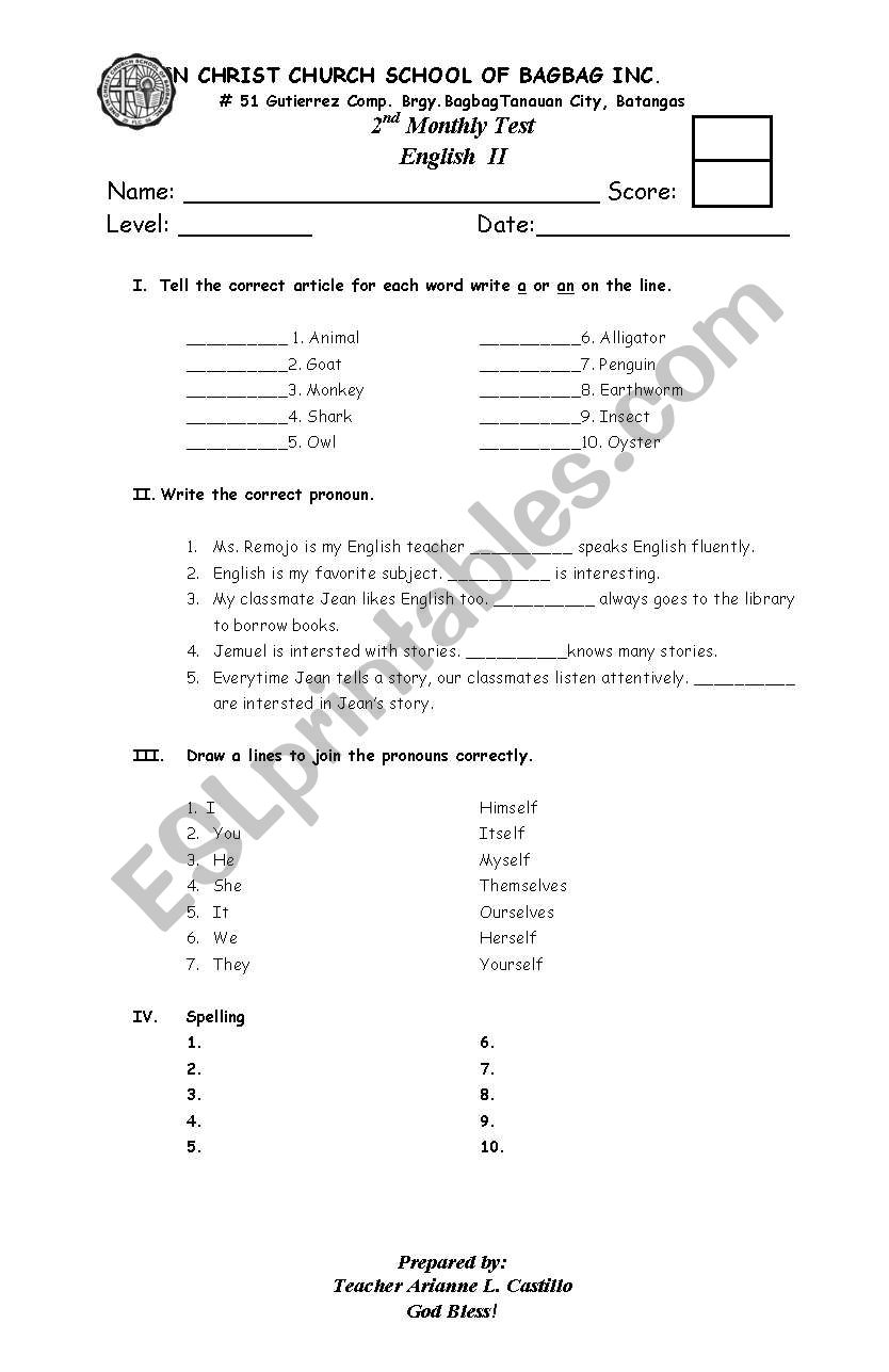 exam worksheet