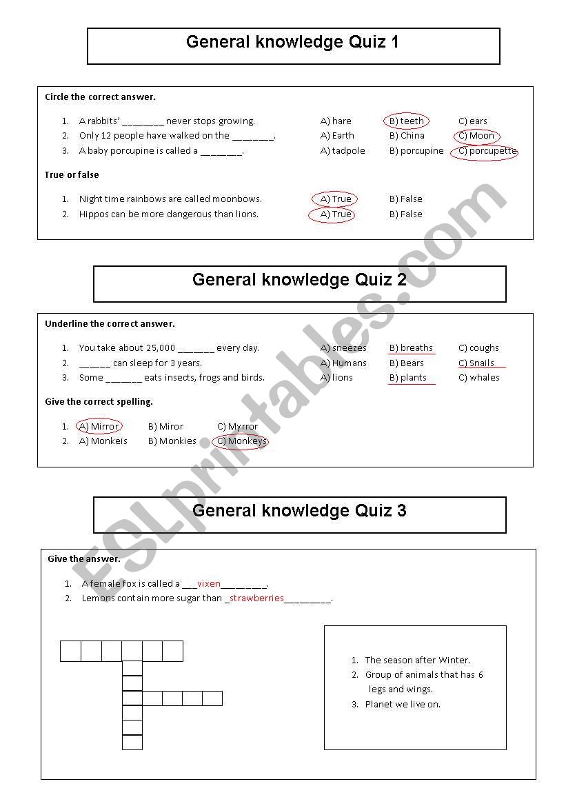 General knowledge quiz worksheet