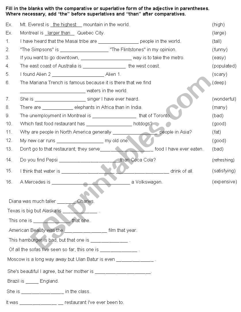 Comparatives and Superlatives worksheet