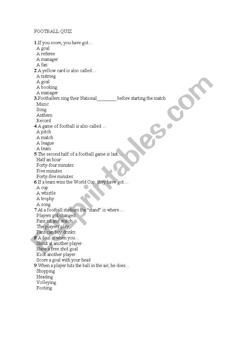 football quiz worksheet