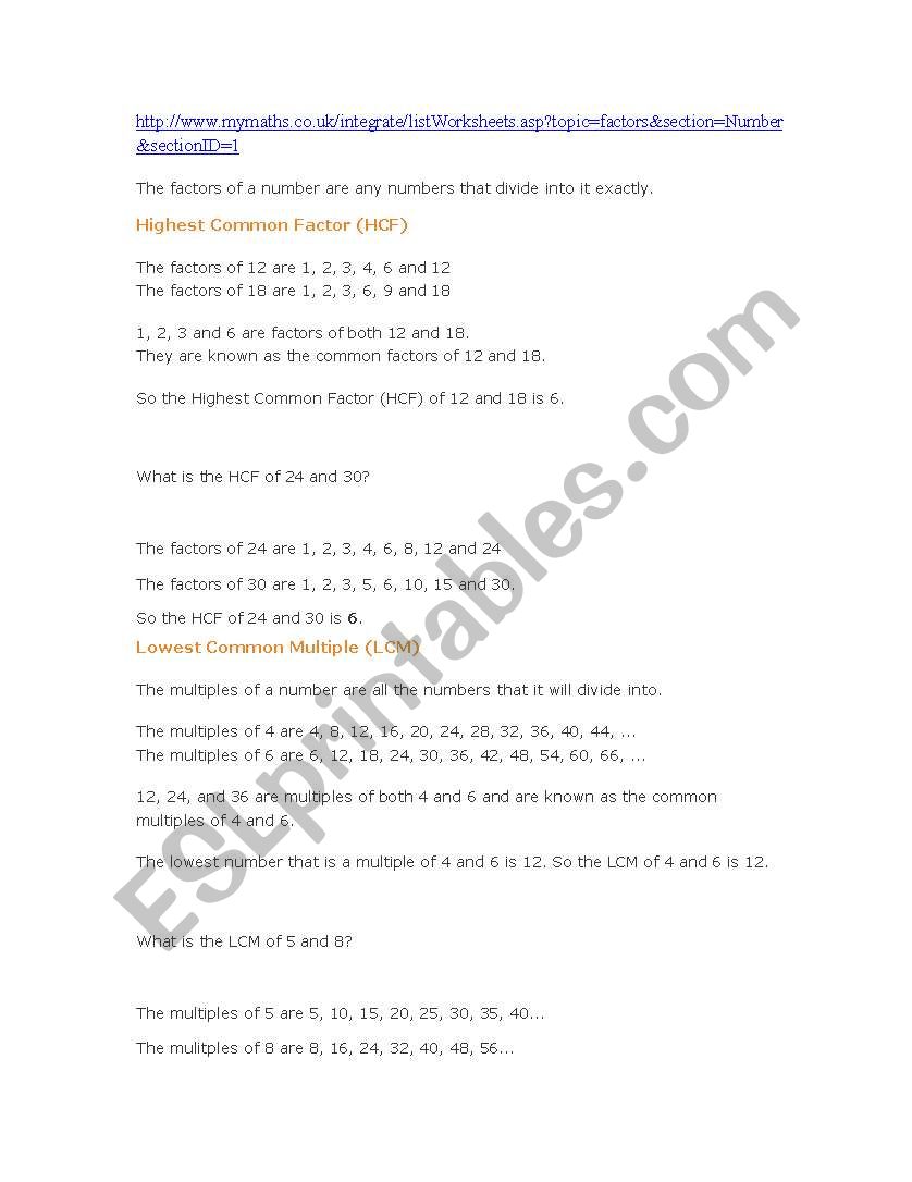 factors and multiples worksheet