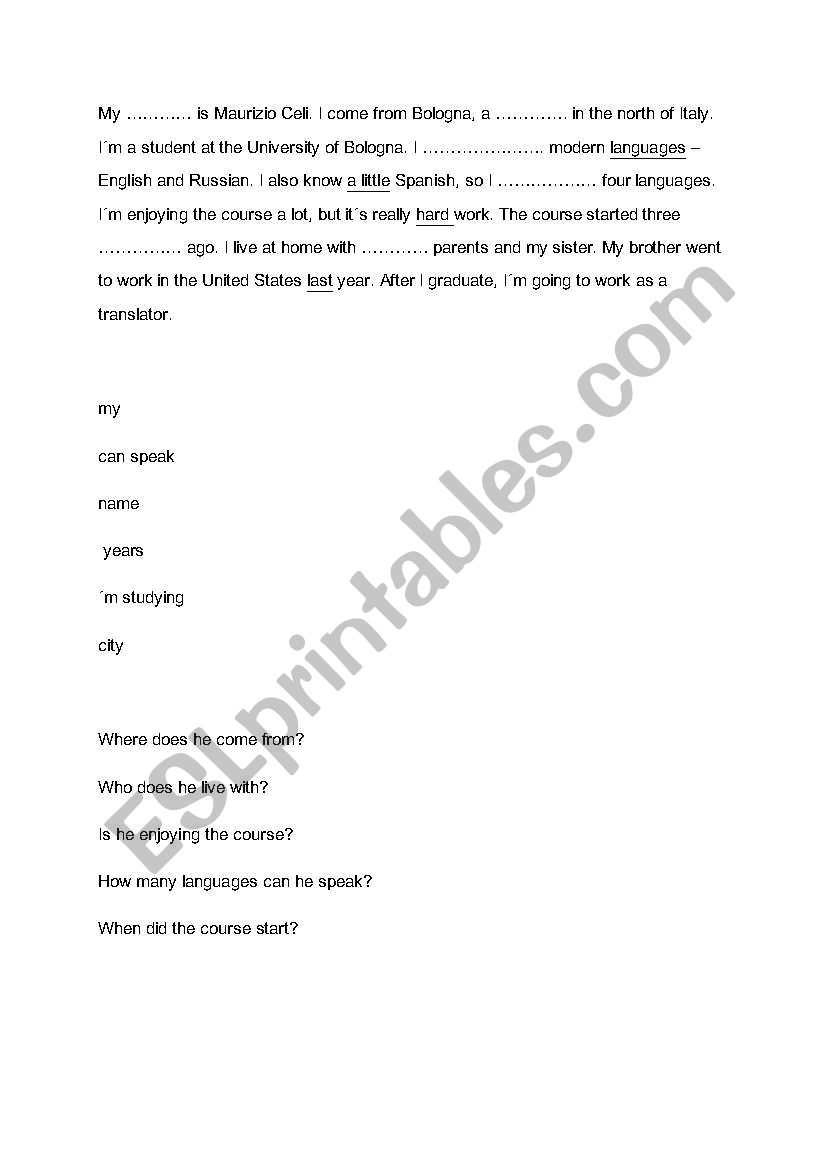 English Pre-intemediate Worksheet