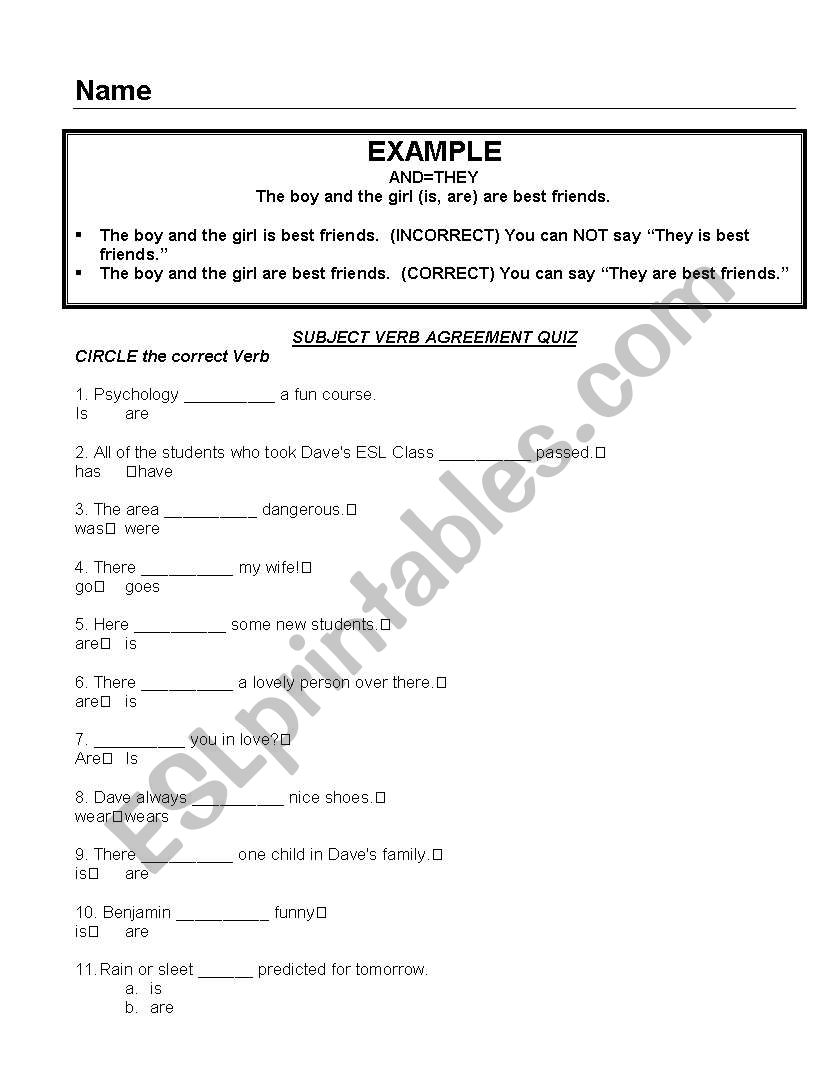 Subject Verb Agreement Quiz worksheet