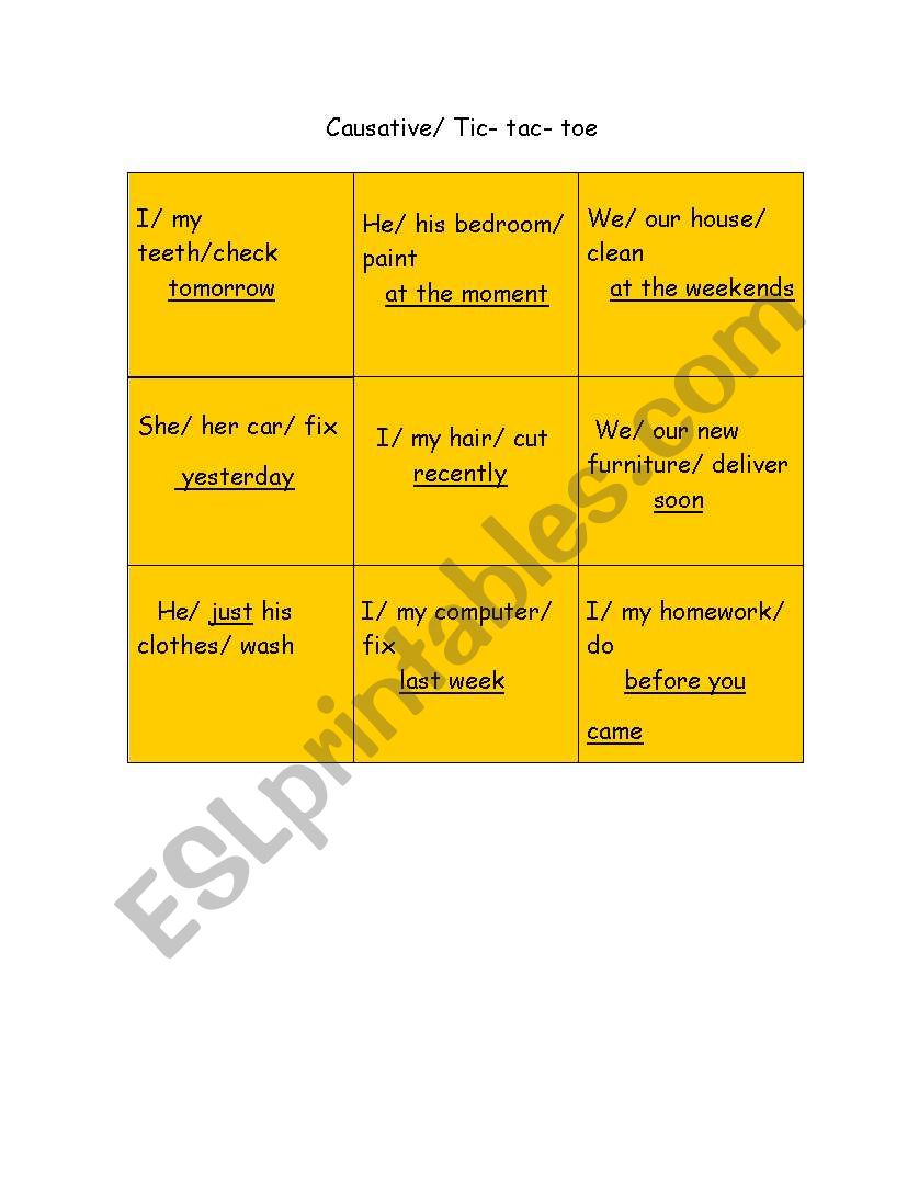 Causative Tic Tac Toe game worksheet