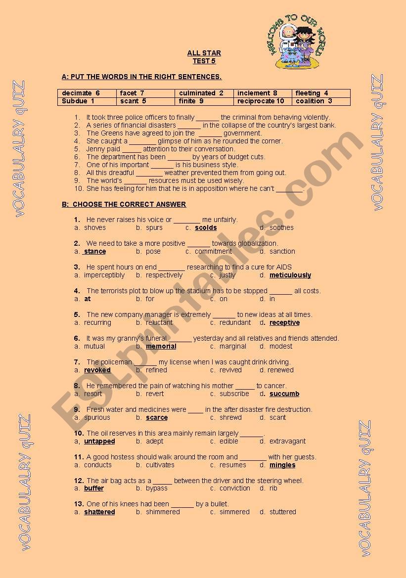 VOCABUALRY AND PREPOSITONS  worksheet