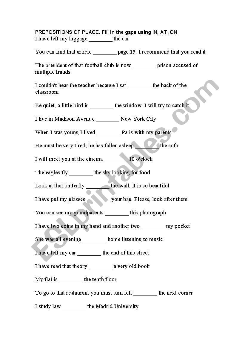 prepositions of place worksheet