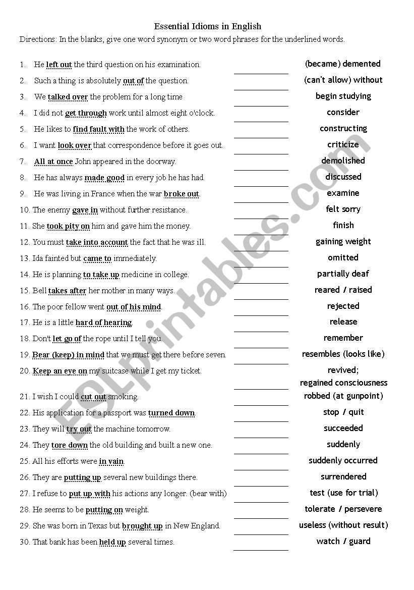 English Idioms worksheet