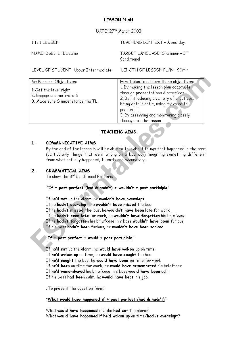 frontsheet with aims for a third conditional lesson 