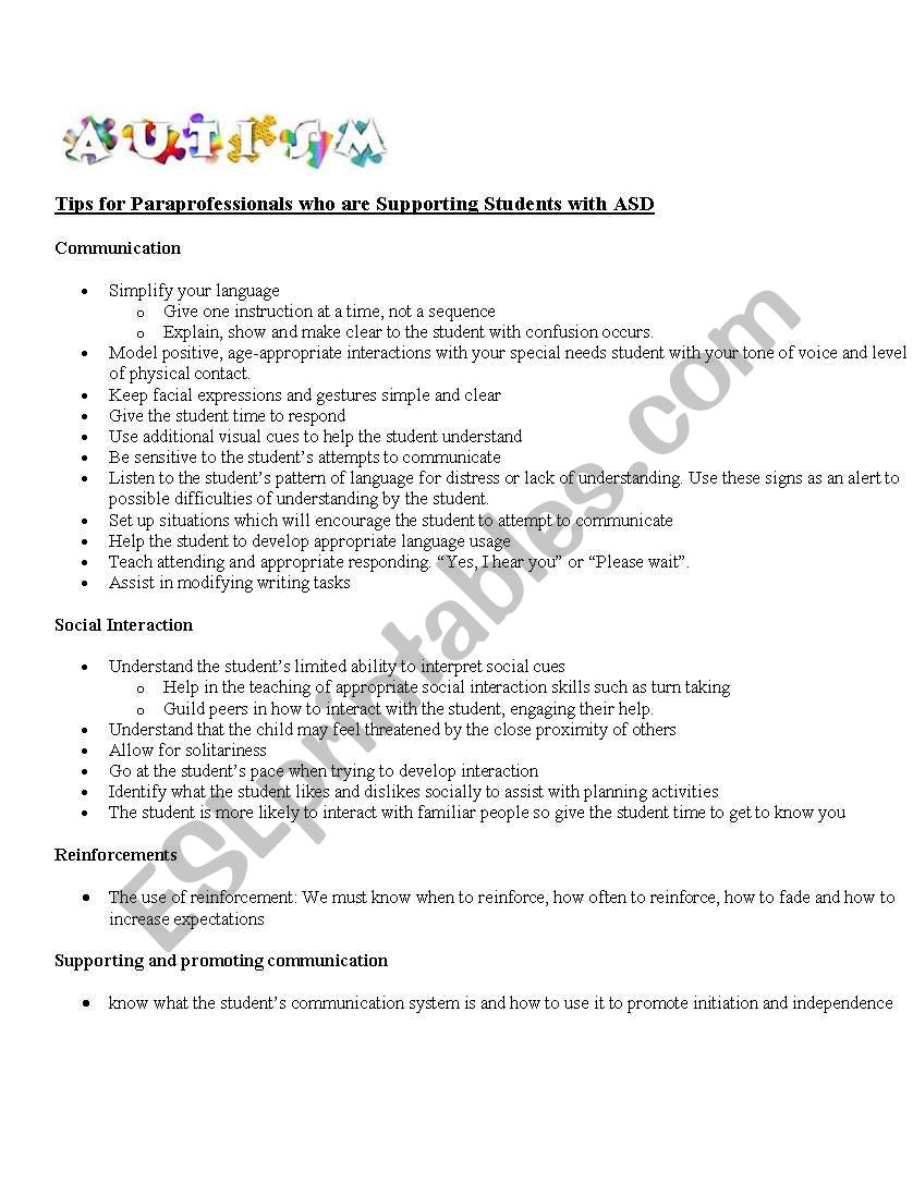 Sheets for paraprofessionals teaching Autism