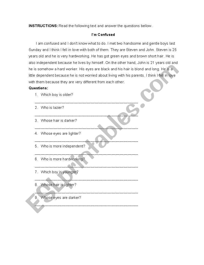 Reading about comparatives worksheet