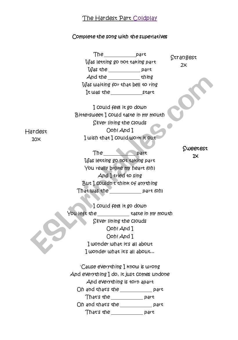 The Hardest Part - Coldplay worksheet