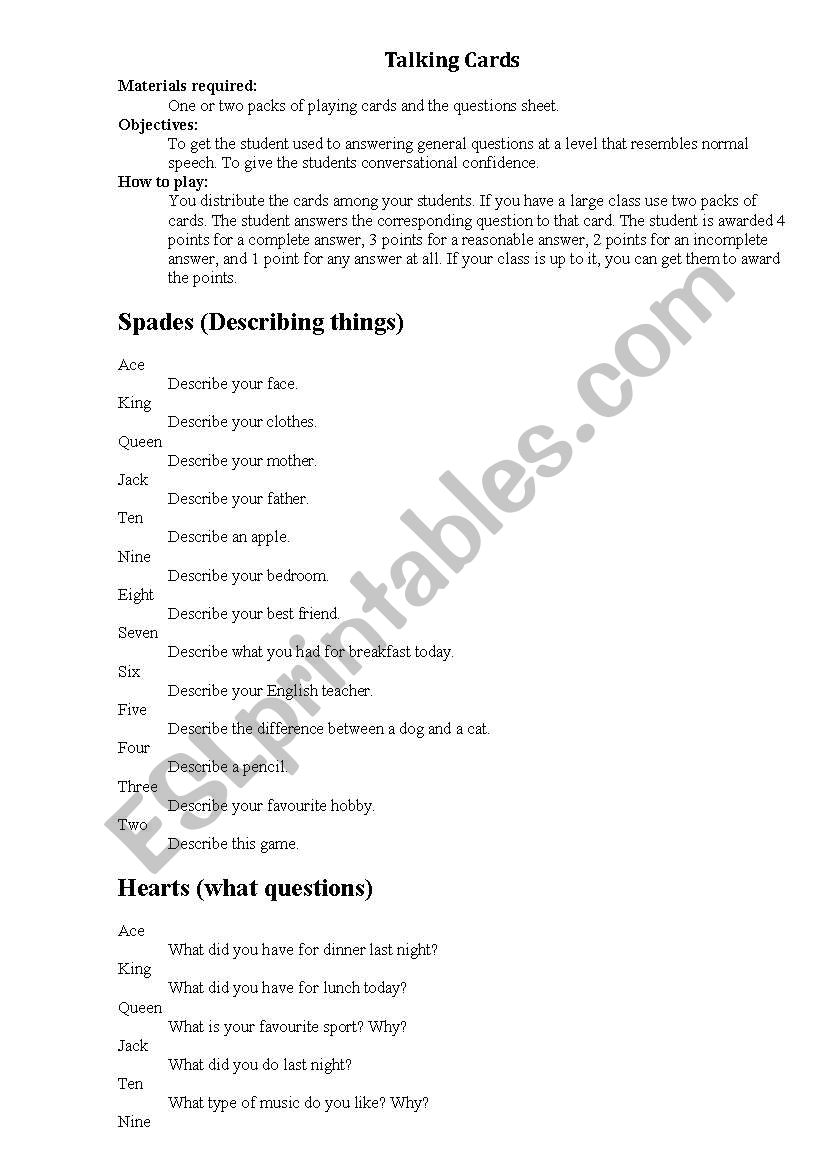 Talking cards worksheet