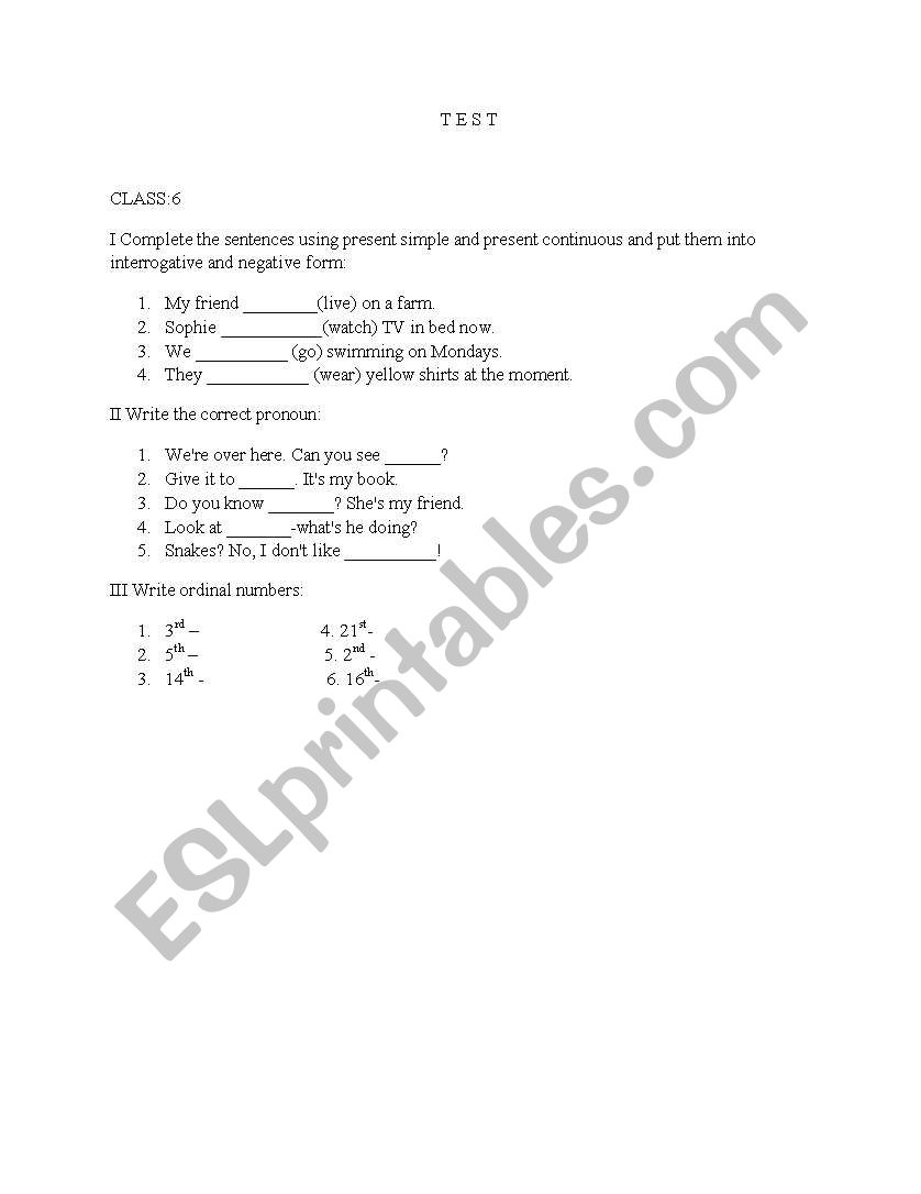 Present Simple and Continous; Ordinal numbers; Pronouns