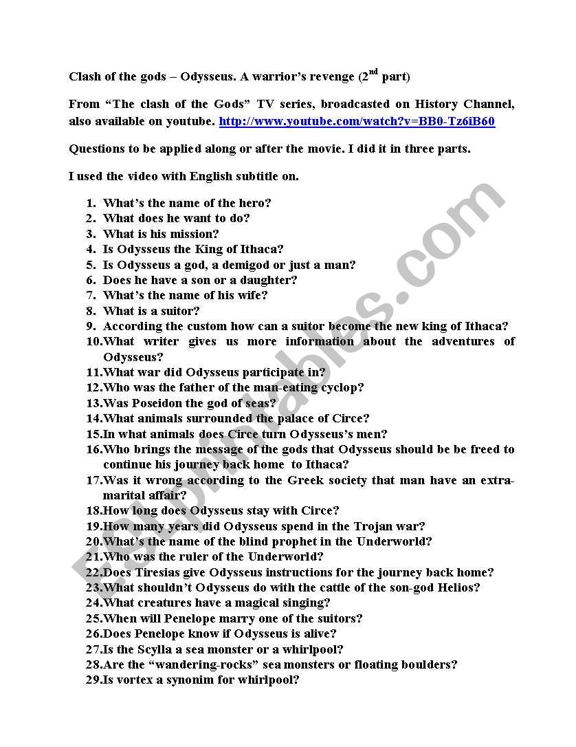Clash of the gods - Odysseus worksheet