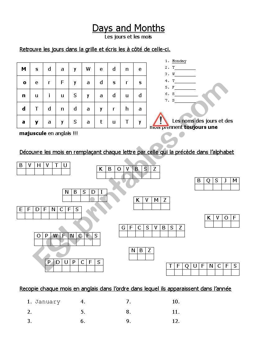 months and days worksheet