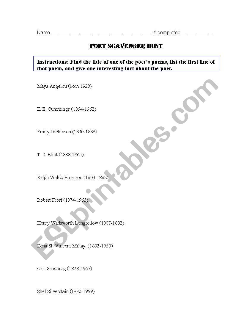 Poet Scavenger Hunt worksheet